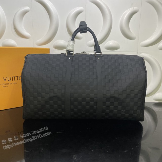 路易威登2021專櫃新款男包 lv男士手袋Damier Infini皮革旅行包 N41145 Keepall50配肩帶旅行袋  ydh4523